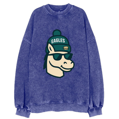 Philadelphia Horse wearing Eagles beanie with cheesesteak patch and wayfarer - Vintage Sweatshirt - Blue