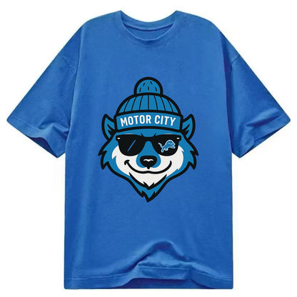 Motor City Wolverine wearing Lions beanie with gear patch and wayfarer sunglasses - Classic T-shirt - Blue