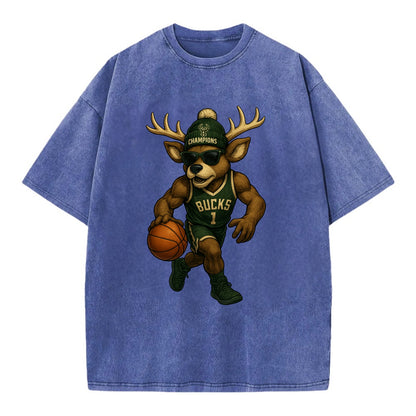 Milwaukee Buck Deer wearing Bucks green and cream beanie with antlers and - Vintage T-shirt - Blue