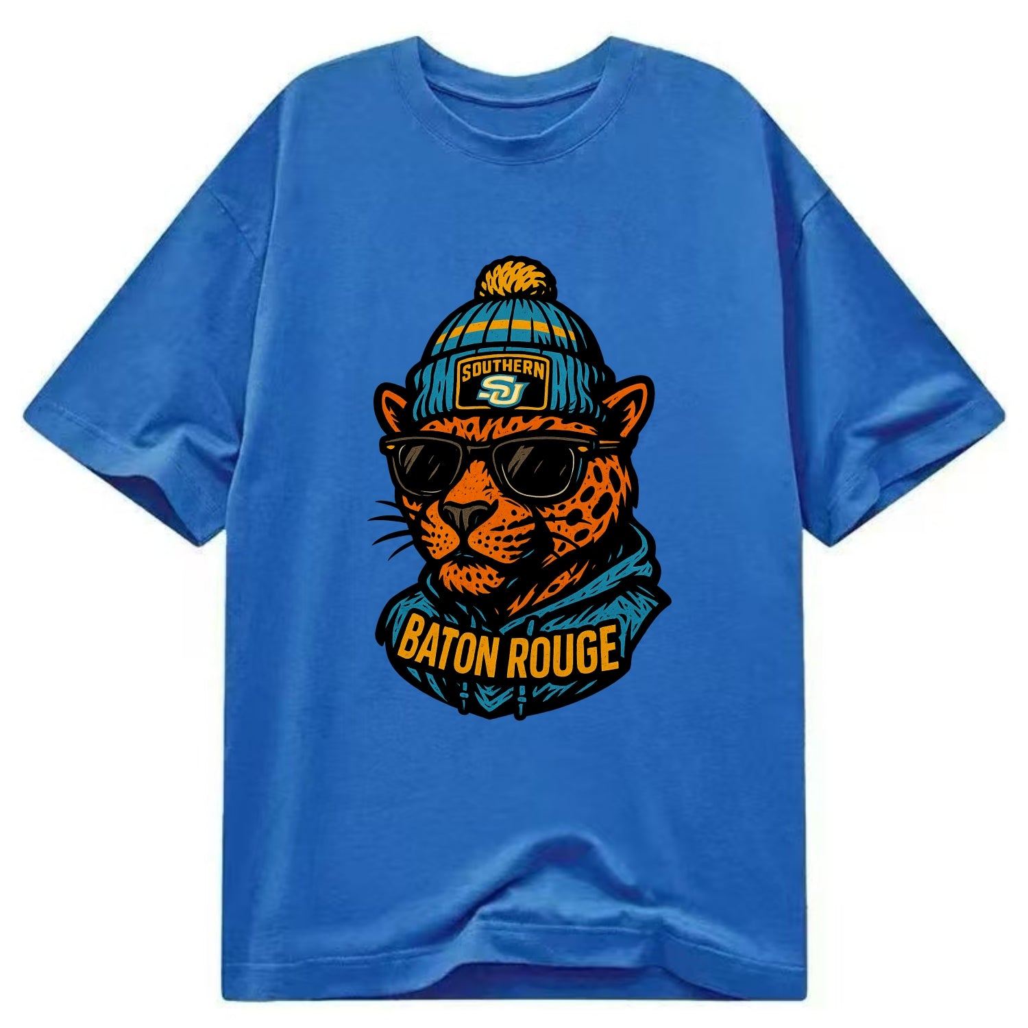 Baton Rouge Jaguar wearing Southern beanie with SU patch - Classic T-shirt - Blue