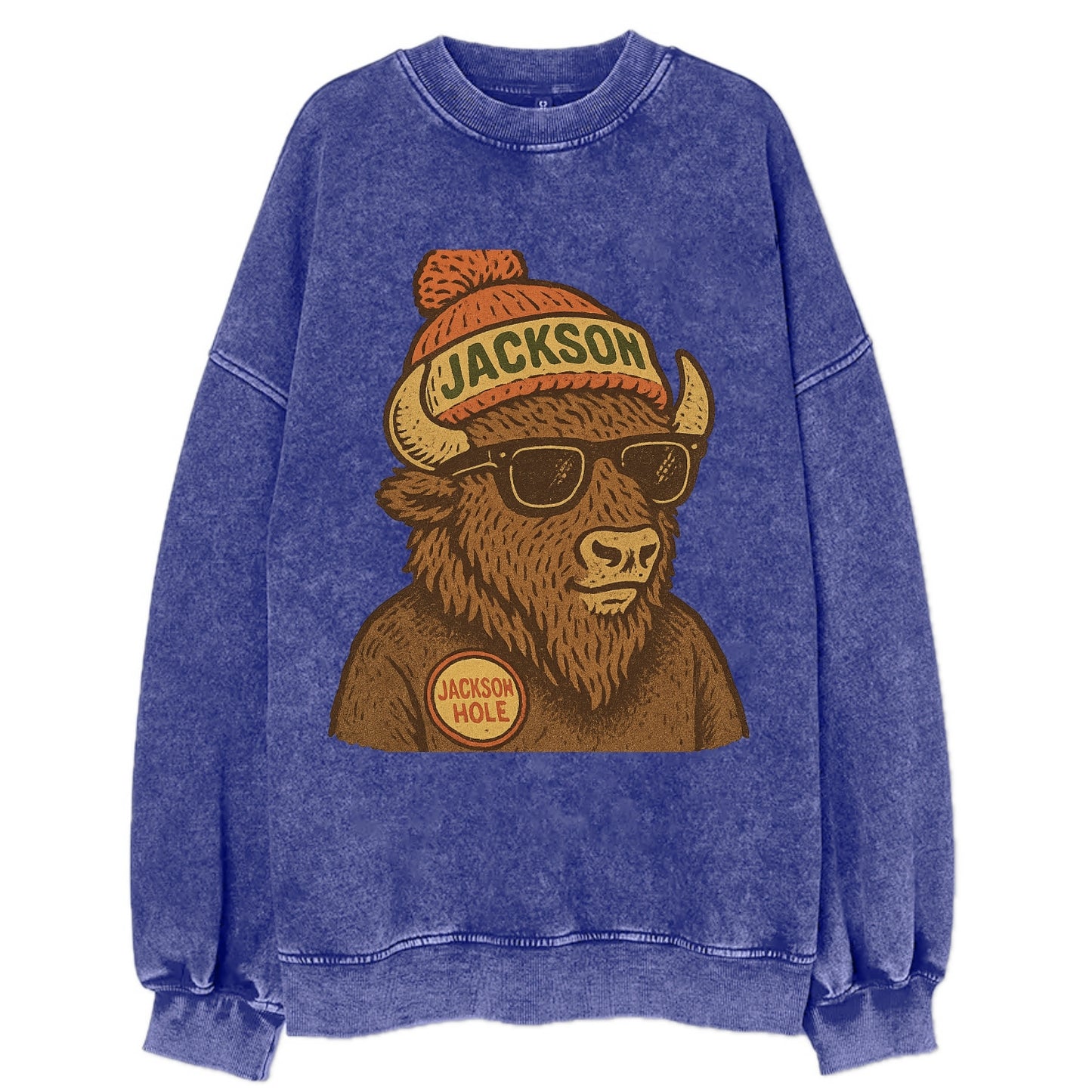 Jackson Hole Bison wearing Jackson beanie with pom pom and wayfarer sunglasses - Vintage Sweatshirt - Blue