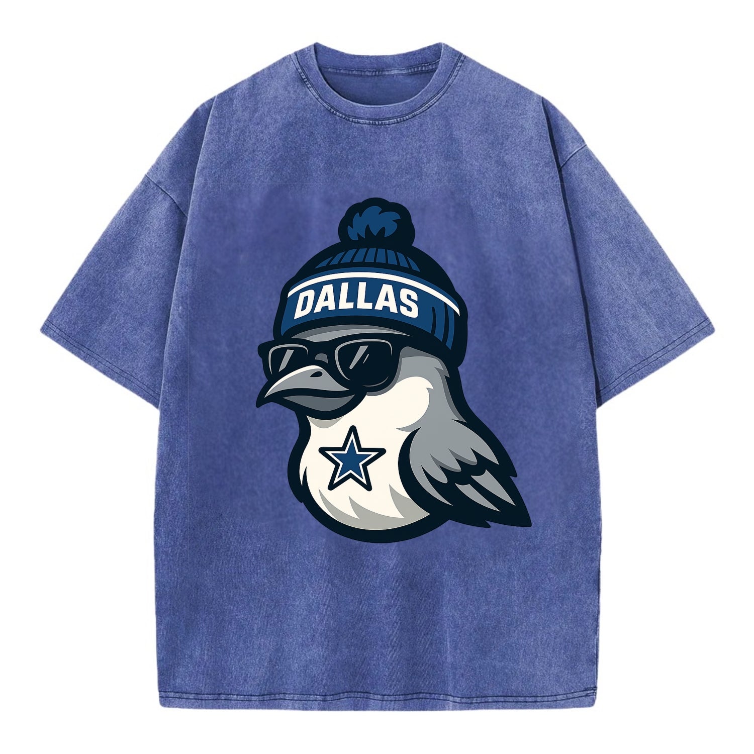Dallas Mockingbird wearing Cowboys beanie with sheriff star and wayfarer - Vintage T-shirt - Blue