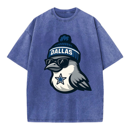 Dallas Mockingbird wearing Cowboys beanie with sheriff star and wayfarer - Vintage T-shirt - Blue