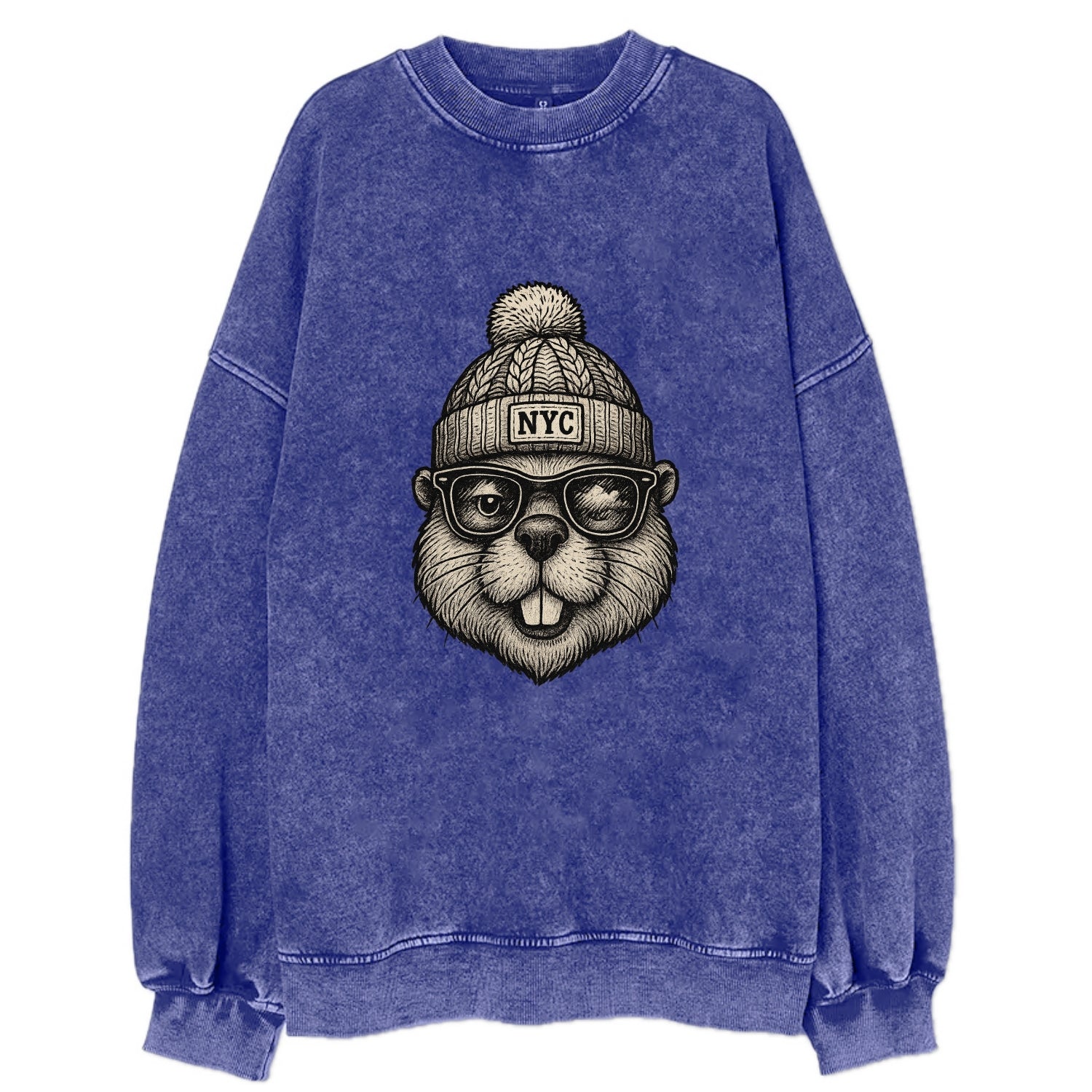 New York Beaver wearing NYC beanie with pom pom and wayfarer sunglasses - Vintage Sweatshirt - Blue