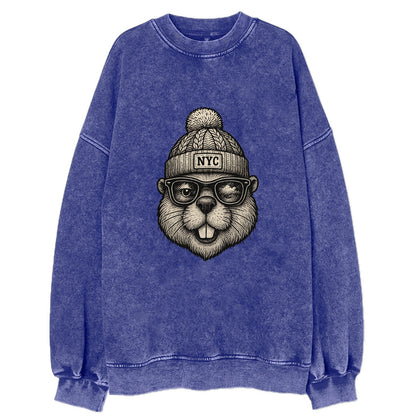 New York Beaver wearing NYC beanie with pom pom and wayfarer sunglasses - Vintage Sweatshirt - Blue