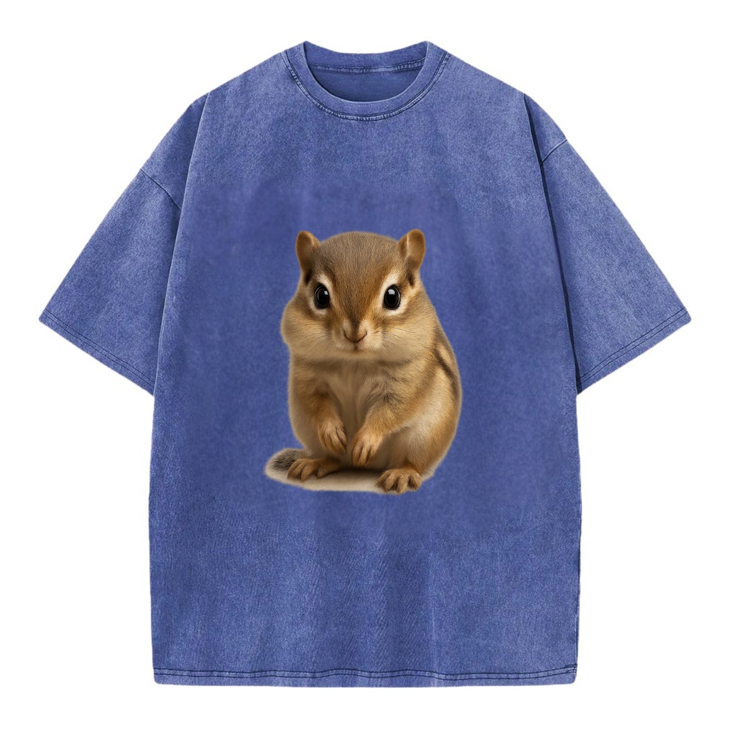 Baby Chipmunk - striped back, cheek pouches, tiny paws, bright eyes, - Vintage T-shirt - Blue
