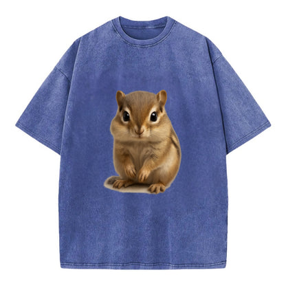 Baby Chipmunk - striped back, cheek pouches, tiny paws, bright eyes, - Vintage T-shirt - Blue