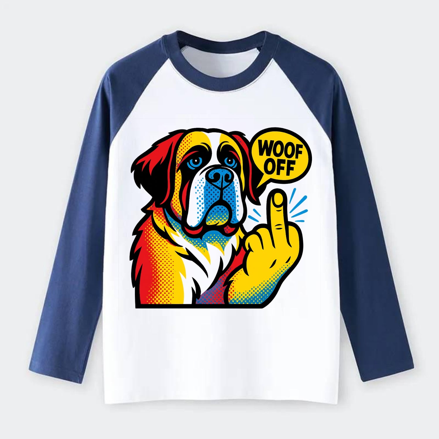 Saint Bernard with gentle giant face and droopy jowls, huge paw raised - Raglan Long Sleeve T-Shirt - Blue
