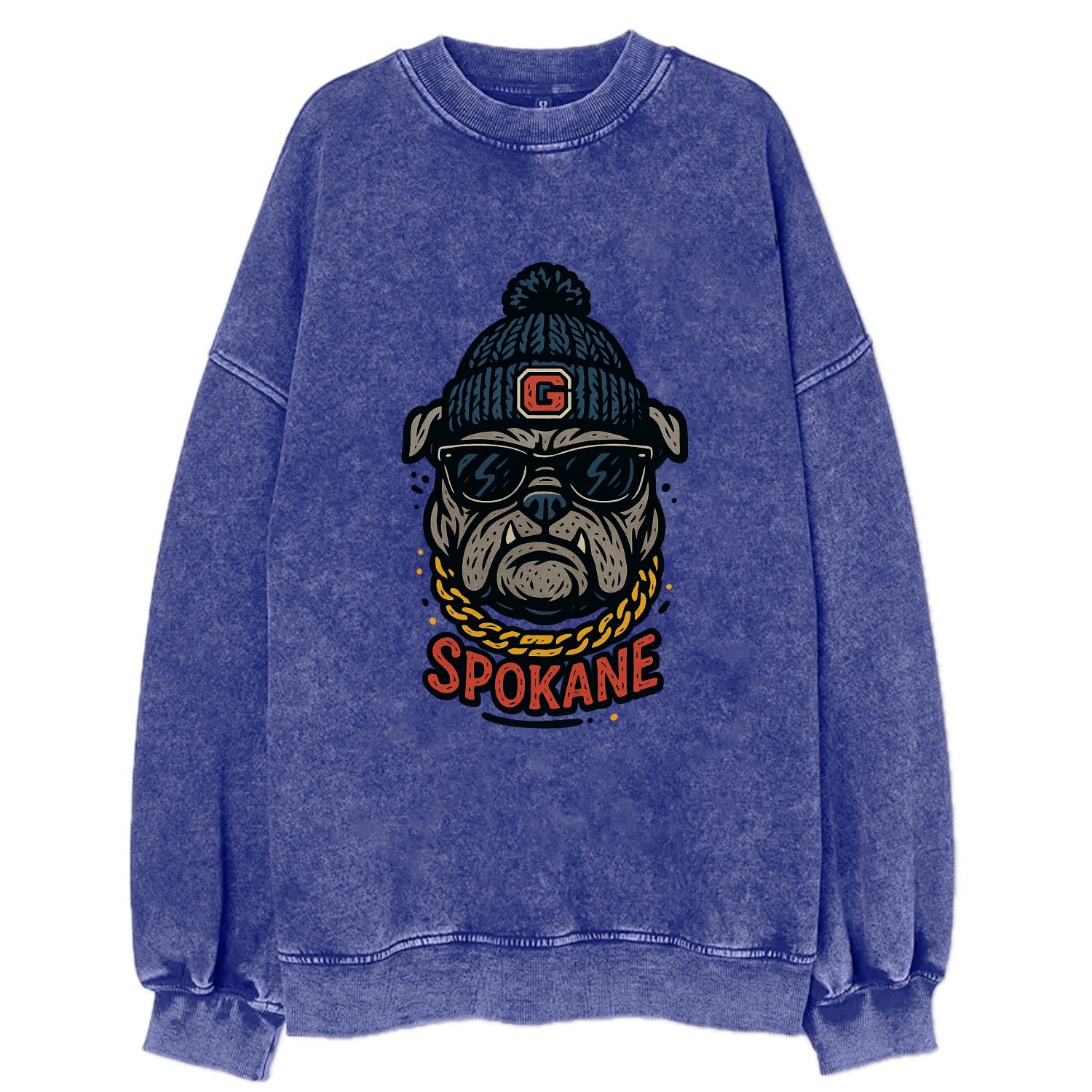 Spokane Bulldog wearing Gonzaga beanie with G patch - Vintage Sweatshirt - Blue