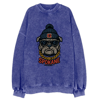 Spokane Bulldog wearing Gonzaga beanie with G patch - Vintage Sweatshirt - Blue