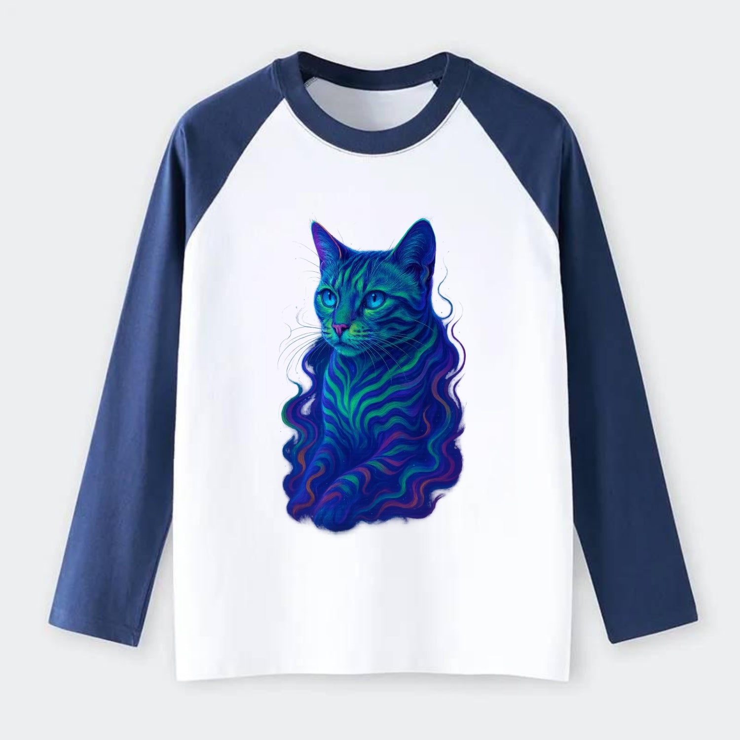 Exotic Bengal cat with aurora borealis colors flowing through its - Raglan Long Sleeve T-Shirt - Blue