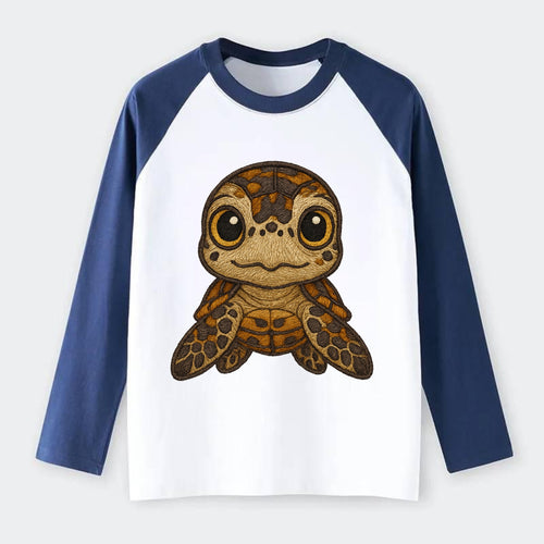 Baby Hawksbill Turtle - amber and brown shell pattern, curious golden - Raglan Long Sleeve T-Shirt