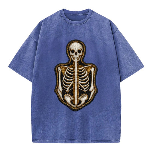 SKELETON BONES - skeletal system in white , anatomy - Vintage T-shirt - Blue
