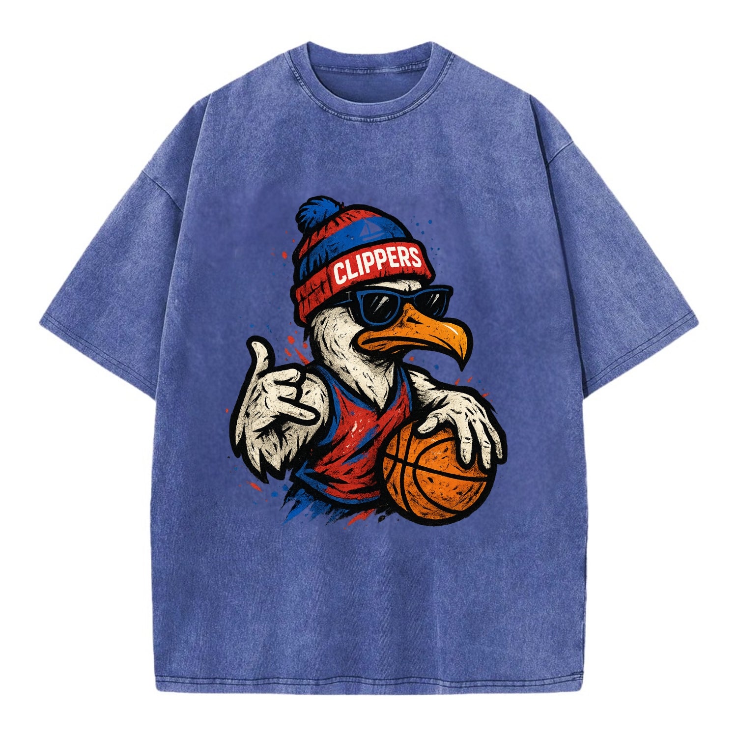 LA Seagull wearing Clippers red white and blue beanie with ship patch and - Vintage T-shirt - Blue