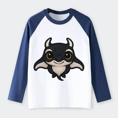 Baby Manta Ray - dark with white markings, cephalic fins, gentle eyes, - Raglan Long Sleeve T-Shirt - Blue