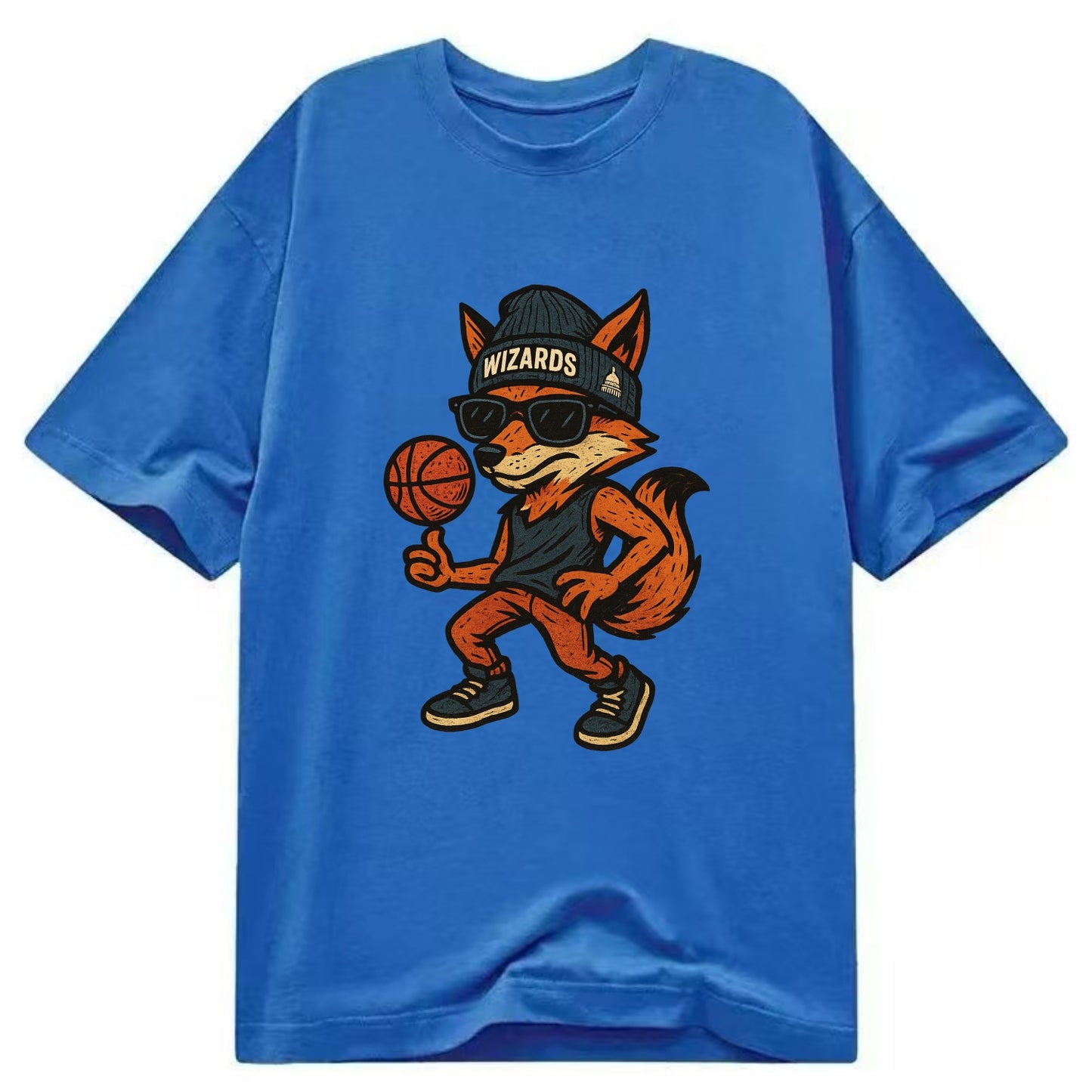 Washington Fox wearing Wizards beanie with capitol patch and wayfarer sunglasses - Classic T-shirt - Blue