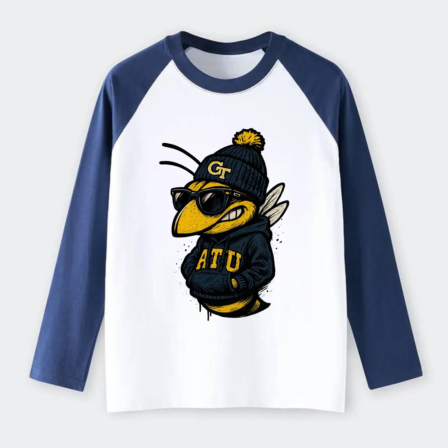 Atlanta Yellow Jacket wearing Georgia Tech beanie with GT patch - Raglan Long Sleeve T-Shirt - Blue