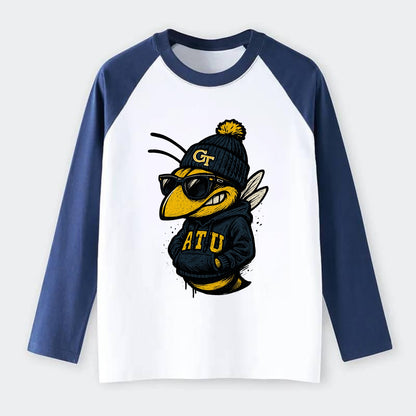 Atlanta Yellow Jacket wearing Georgia Tech beanie with GT patch - Raglan Long Sleeve T-Shirt - Blue