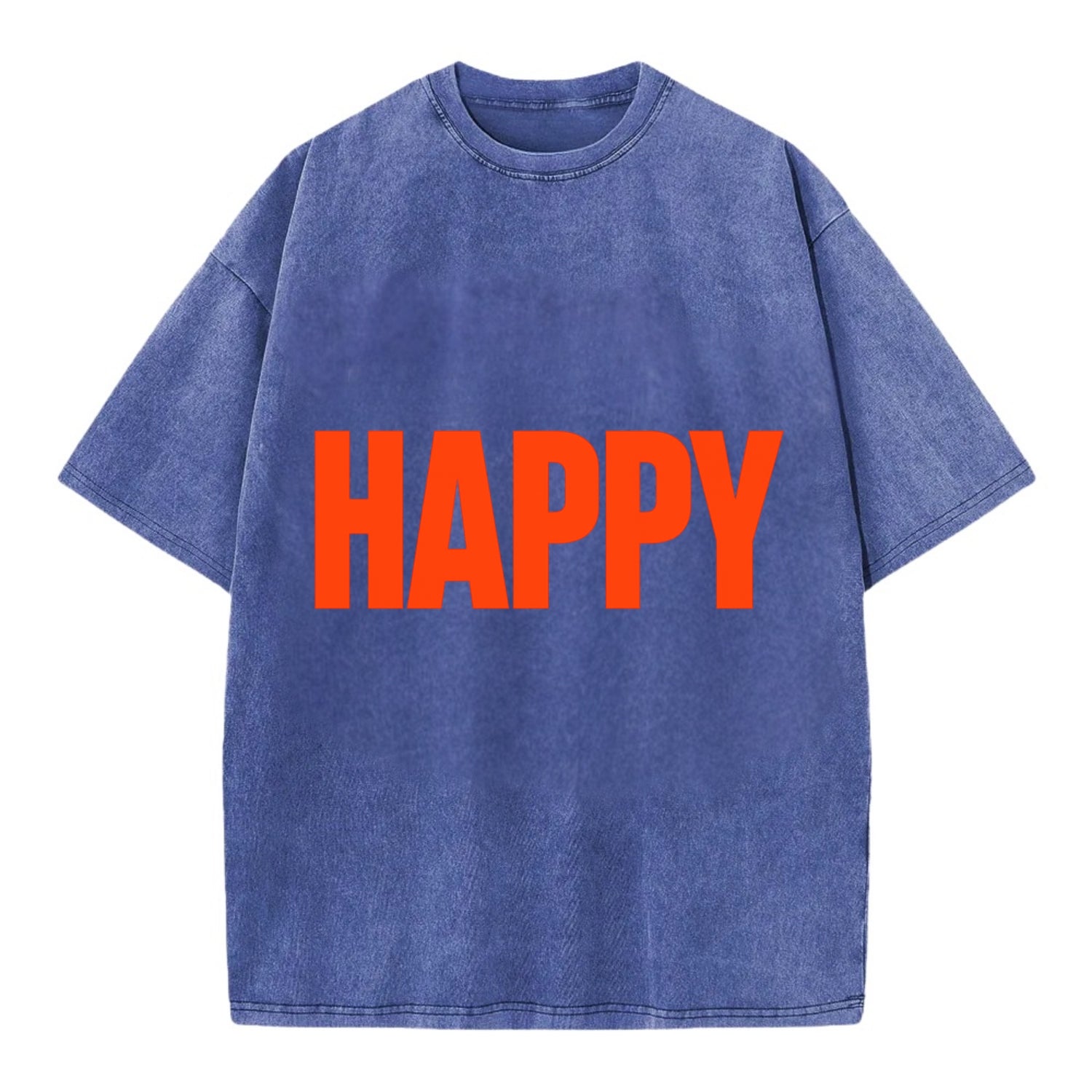 Bold typography design - "HAPPY" - joyful, content, pleased - Vintage T-shirt - Blue