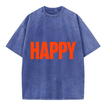 Bold typography design - "HAPPY" - joyful, content, pleased - Vintage T-shirt - Blue