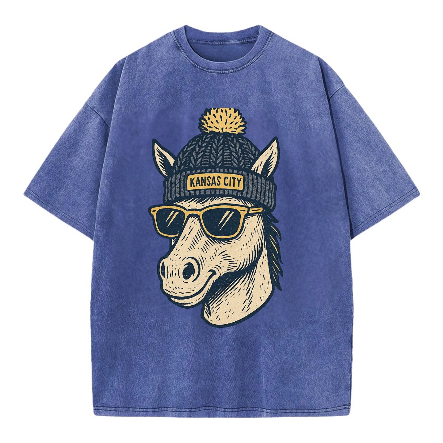 Missouri Mule wearing Kansas City beanie with pom pom and wayfarer sunglasses - Vintage T-shirt - Blue