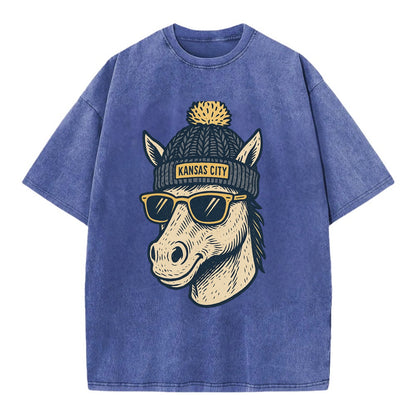 Missouri Mule wearing Kansas City beanie with pom pom and wayfarer sunglasses - Vintage T-shirt - Blue