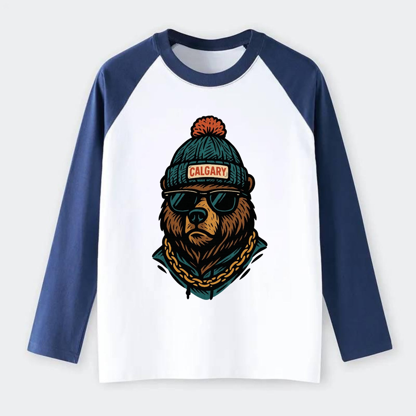 Calgary Grizzly Bear wearing Calgary beanie with pom pom and wayfarer - Raglan Long Sleeve T-Shirt - Blue