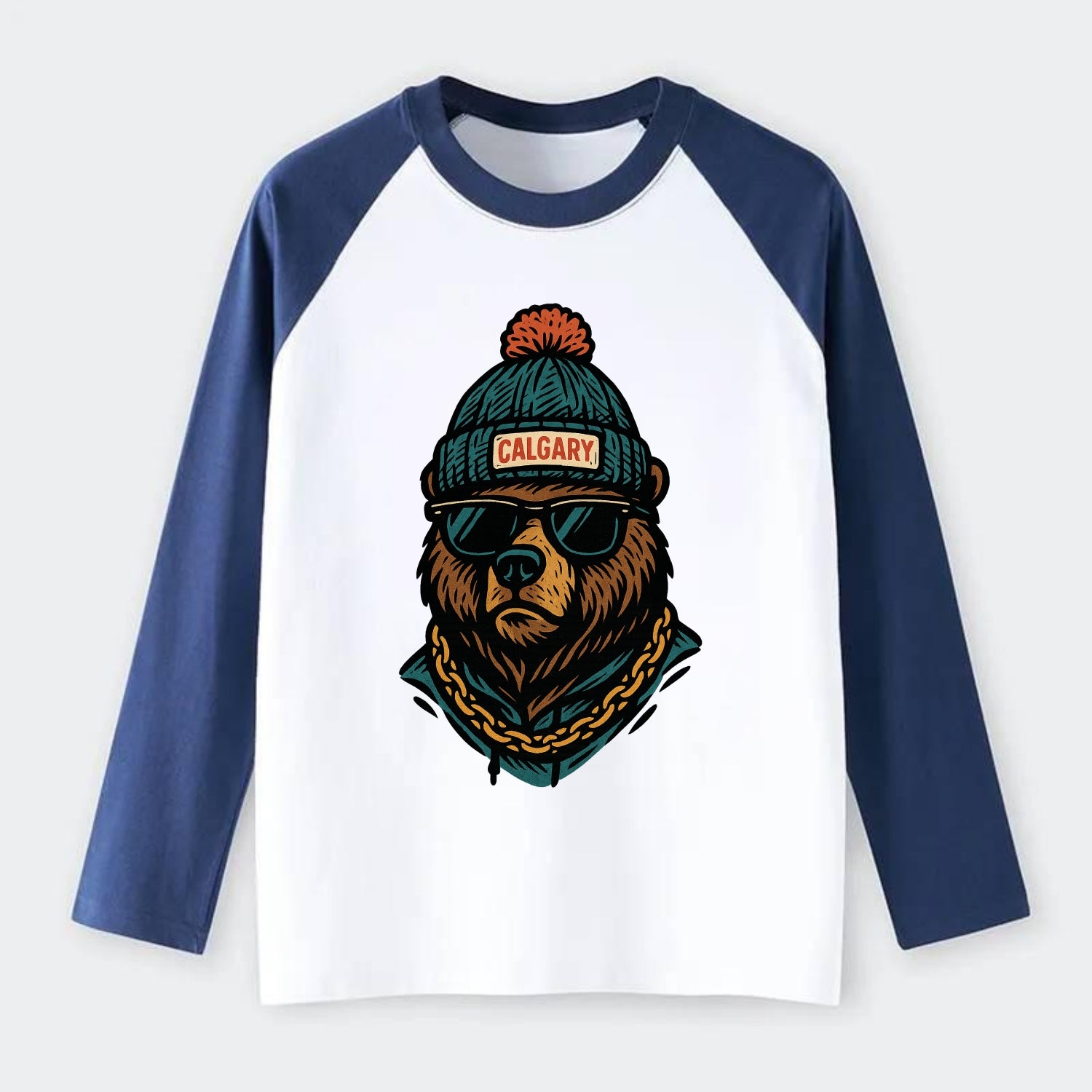 Calgary Grizzly Bear wearing Calgary beanie with pom pom and wayfarer - Raglan Long Sleeve T-Shirt - Blue