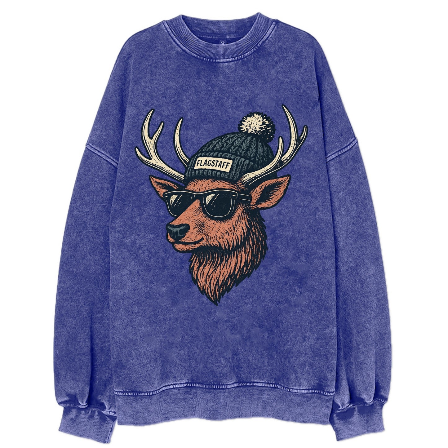 Flagstaff Elk wearing Flagstaff beanie with pom pom and wayfarer sunglasses - Vintage Sweatshirt - Blue