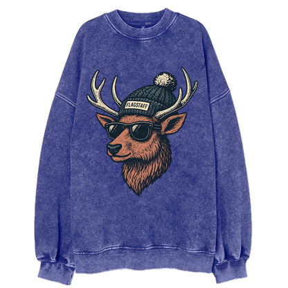 Flagstaff Elk wearing Flagstaff beanie with pom pom and wayfarer sunglasses - Vintage Sweatshirt - Blue