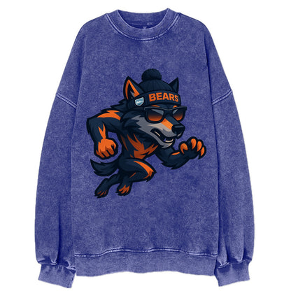 Chicago Wolf wearing Bears beanie with Lake Michigan patch and wayfarer - Vintage Sweatshirt - Blue