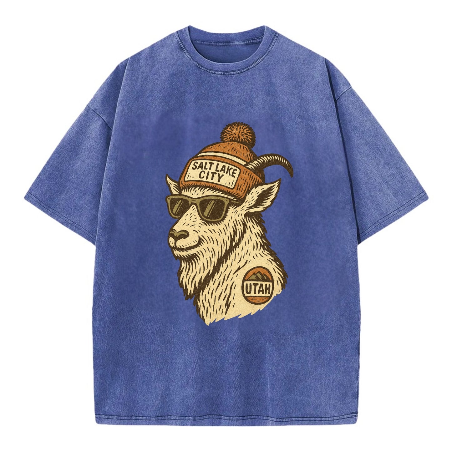 Utah Mountain Goat wearing Salt Lake City beanie with pom pom and wayfarer - Vintage T-shirt - Blue