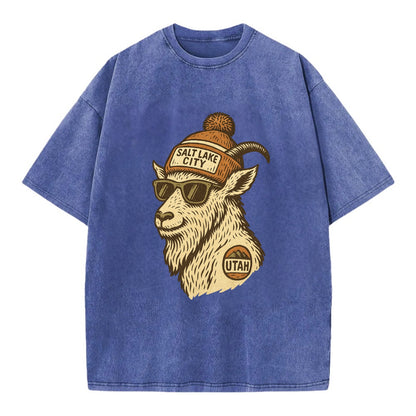 Utah Mountain Goat wearing Salt Lake City beanie with pom pom and wayfarer - Vintage T-shirt - Blue