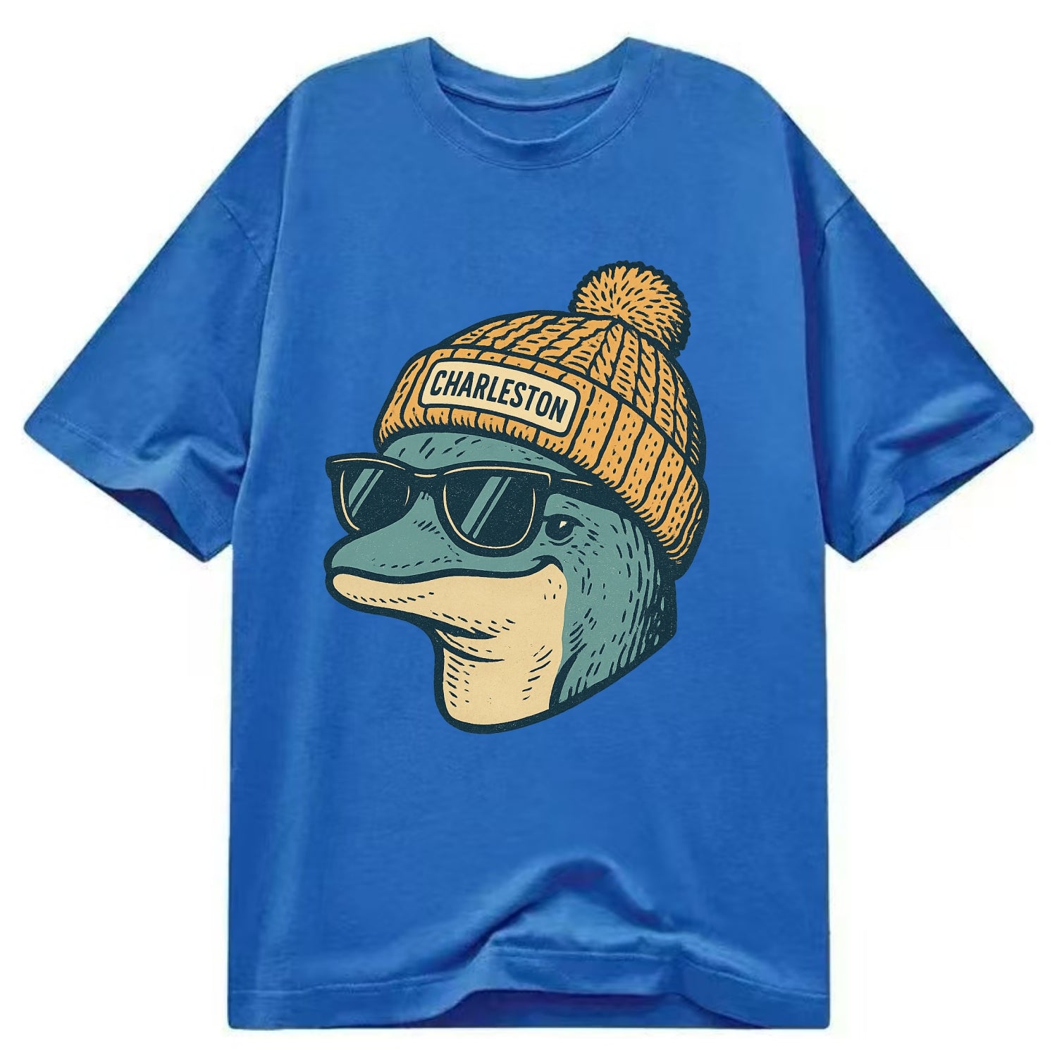 Charleston Dolphin wearing Charleston beanie with pom pom and wayfarer sunglasses - Classic T-shirt - Blue