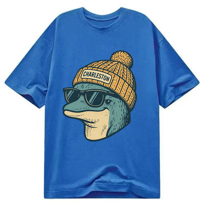 Charleston Dolphin wearing Charleston beanie with pom pom and wayfarer sunglasses - Classic T-shirt - Blue