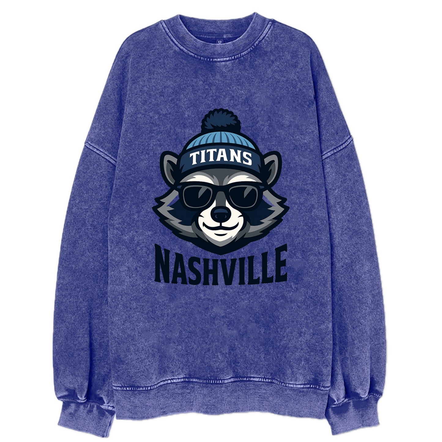 Nashville Raccoon wearing Titans navy and light blue beanie with pom pom and - Vintage Sweatshirt - Blue