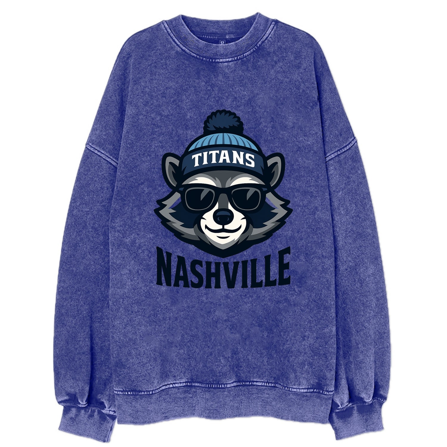 Nashville Raccoon wearing Titans navy and light blue beanie with pom pom and - Vintage Sweatshirt - Blue