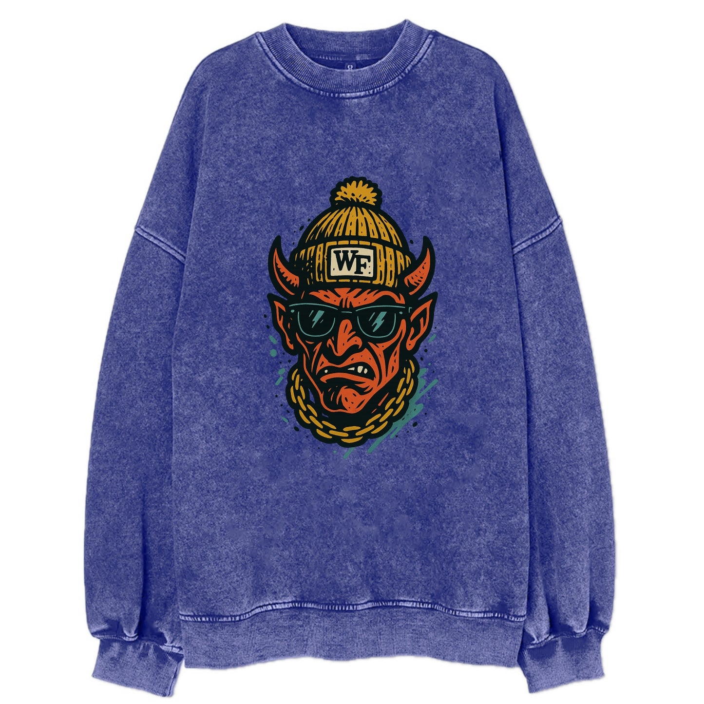 Winston-Salem Demon wearing Wake Forest beanie with WF patch - Vintage Sweatshirt - Blue