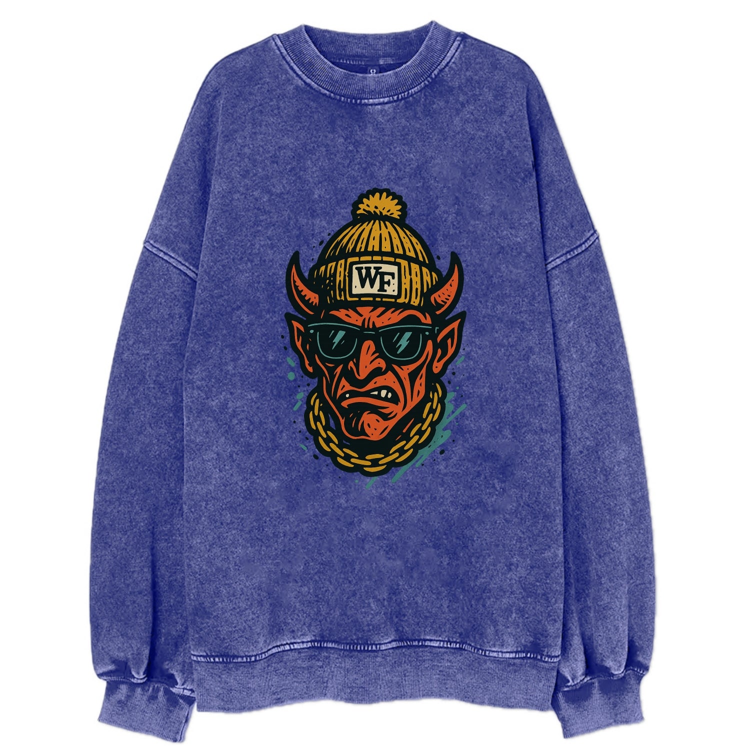 Winston-Salem Demon wearing Wake Forest beanie with WF patch - Vintage Sweatshirt - Blue