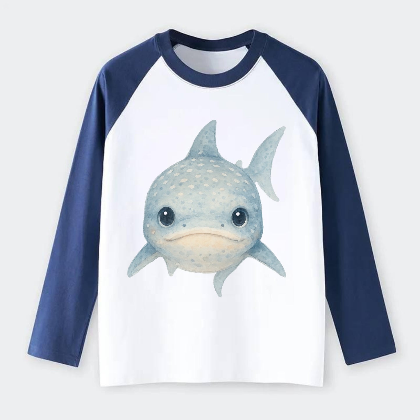 Baby Whale Shark - spotted blue-gray, wide mouth closed, tiny eyes, - Raglan Long Sleeve T-Shirt - Blue