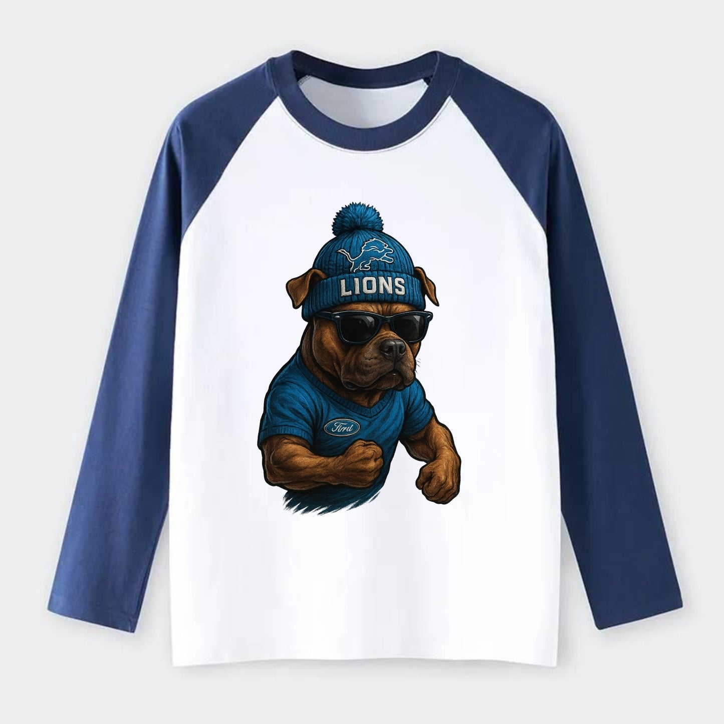 Detroit Pitbull wearing Lions beanie with auto patch and wayfarer - Raglan Long Sleeve T-Shirt - Blue