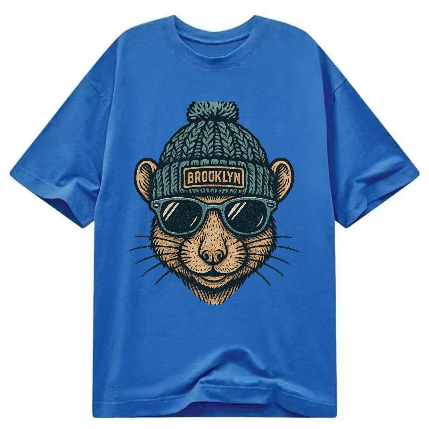 NYC Rat wearing Brooklyn beanie with pom pom and wayfarer sunglasses - Classic T-shirt - Blue