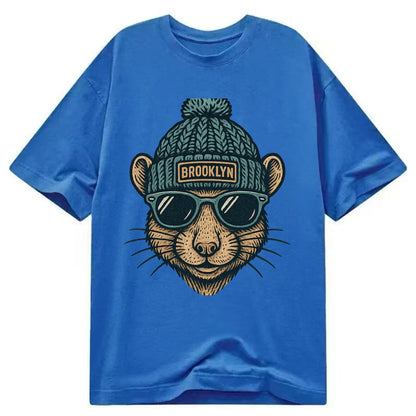 NYC Rat wearing Brooklyn beanie with pom pom and wayfarer sunglasses - Classic T-shirt - Blue