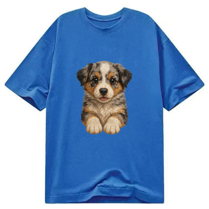 Baby Australian Shepherd Puppy - merle coat, bright eyes, fluffy, front-facing, - Classic T-shirt - Blue