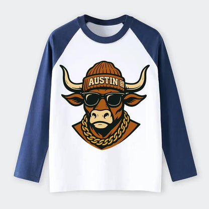 Austin Longhorn - Raglan Long Sleeve T-Shirt - Blue