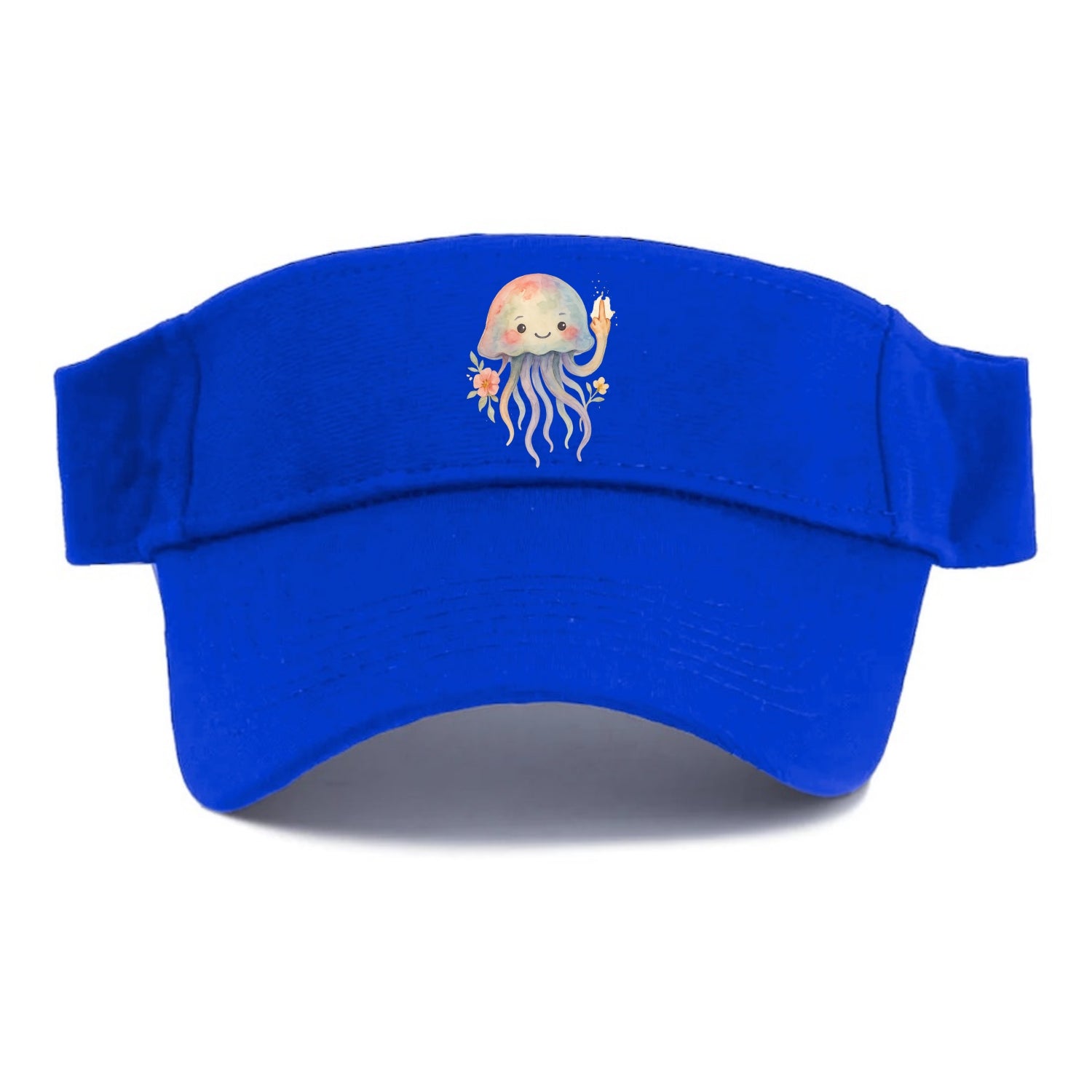 jellyfish with kawaii face and tentacles, one tentacle pointing up defiantly - Visor - Blue