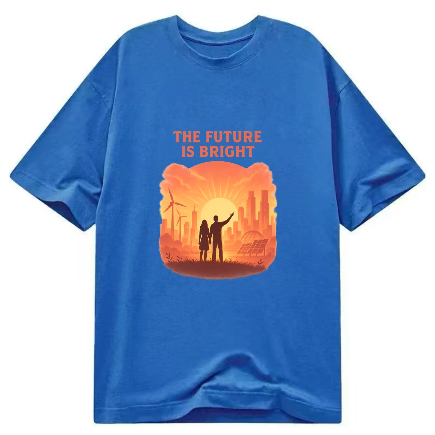 Sunrise over thriving sustainable city - "The Future is Bright" - optimistic - Classic T-shirt - Blue