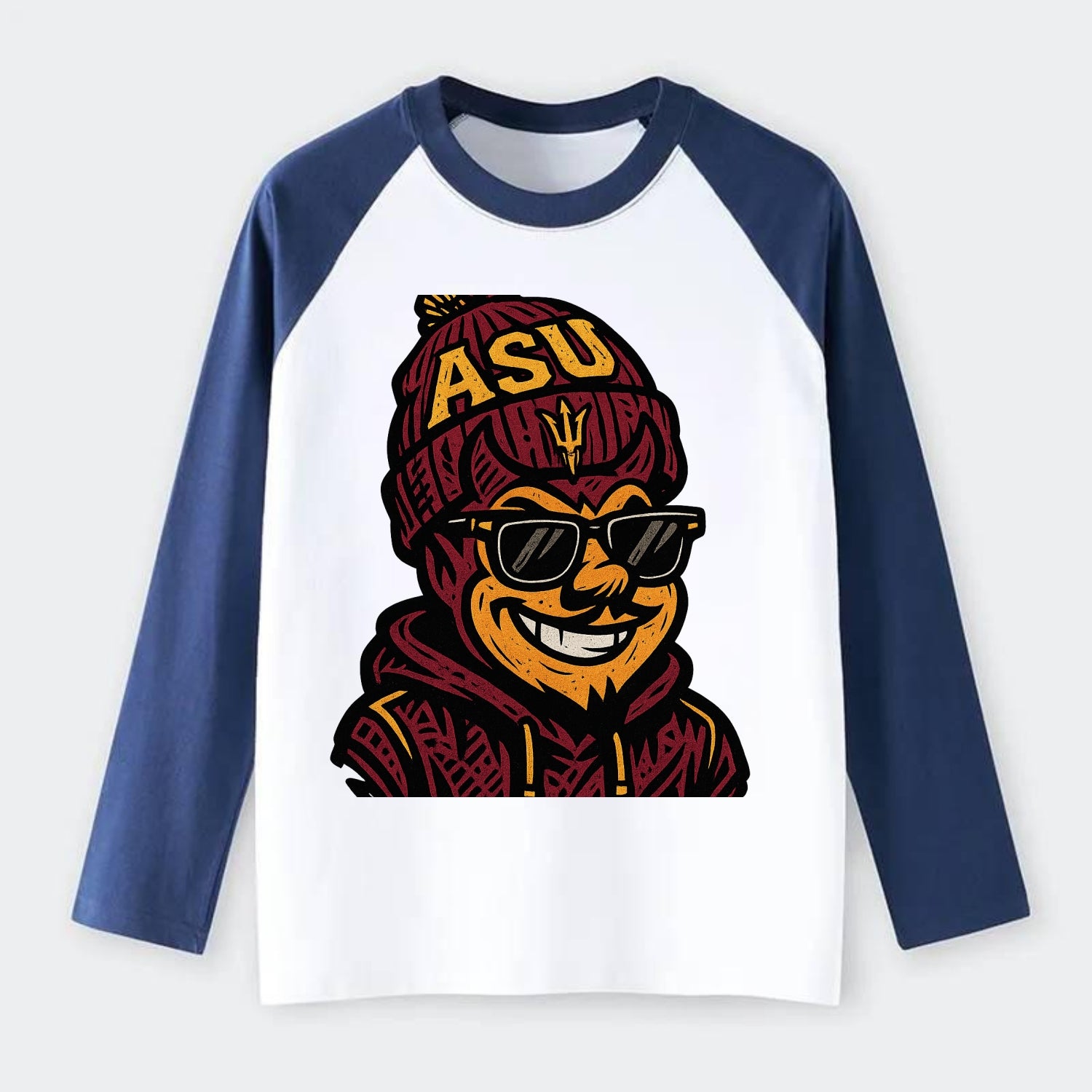 Tempe Sparky wearing Arizona State beanie with fork patch - Raglan Long Sleeve T-Shirt - Blue