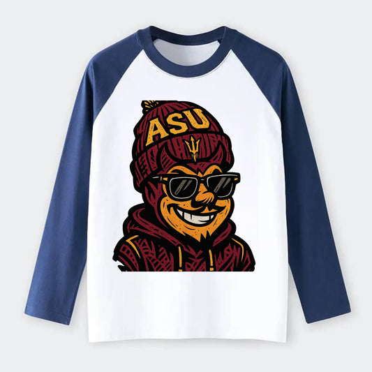 Tempe Sparky wearing Arizona State beanie with fork patch - Raglan Long Sleeve T-Shirt - Blue