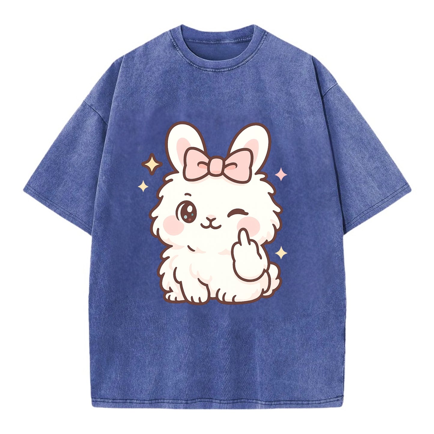 fluffy white angora rabbit with pink bow, one paw delicately flipping off - Vintage T-shirt - Blue